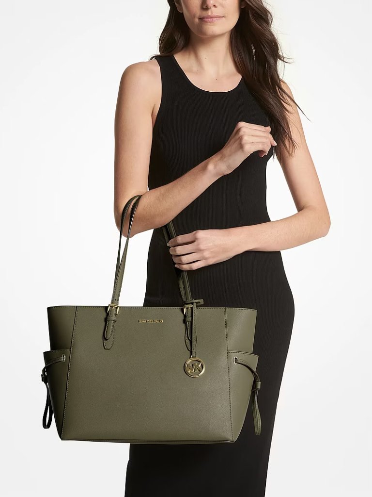 Michael Kors Gilly Large Drawstring Tote Bag Saffiano Leather Olive Army Green
